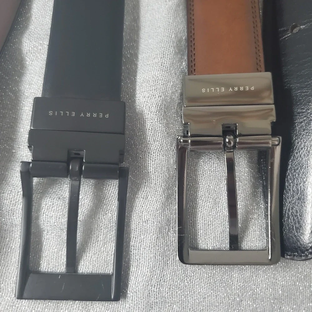 Perry Ellis Mens Leather Belt Set 2-Pack Black Brown Tan‎ Size 38/95